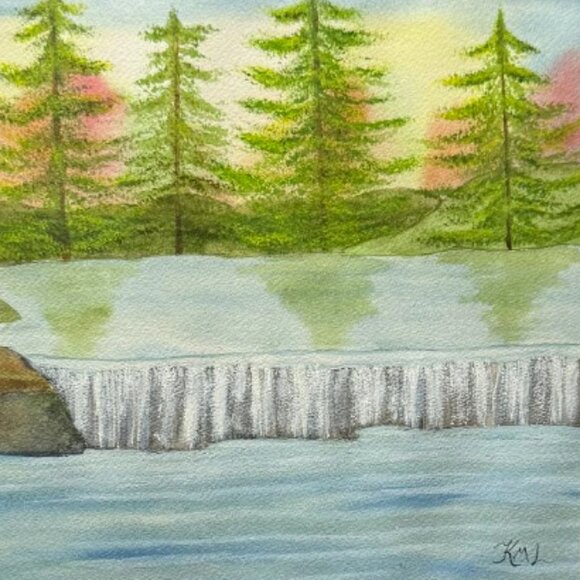 Painting Watercolor Forest Trees River Waterfall Landscape Art 11x14 Mat 16x20 - Picture 3 of 3